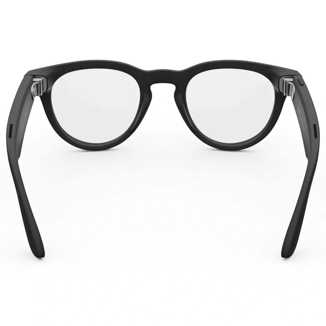 Gafas graduadas inteligentes Ray-Ban Meta Wayfarer negras mate. Vista trasera con lentes transparentes y patillas abiertas.