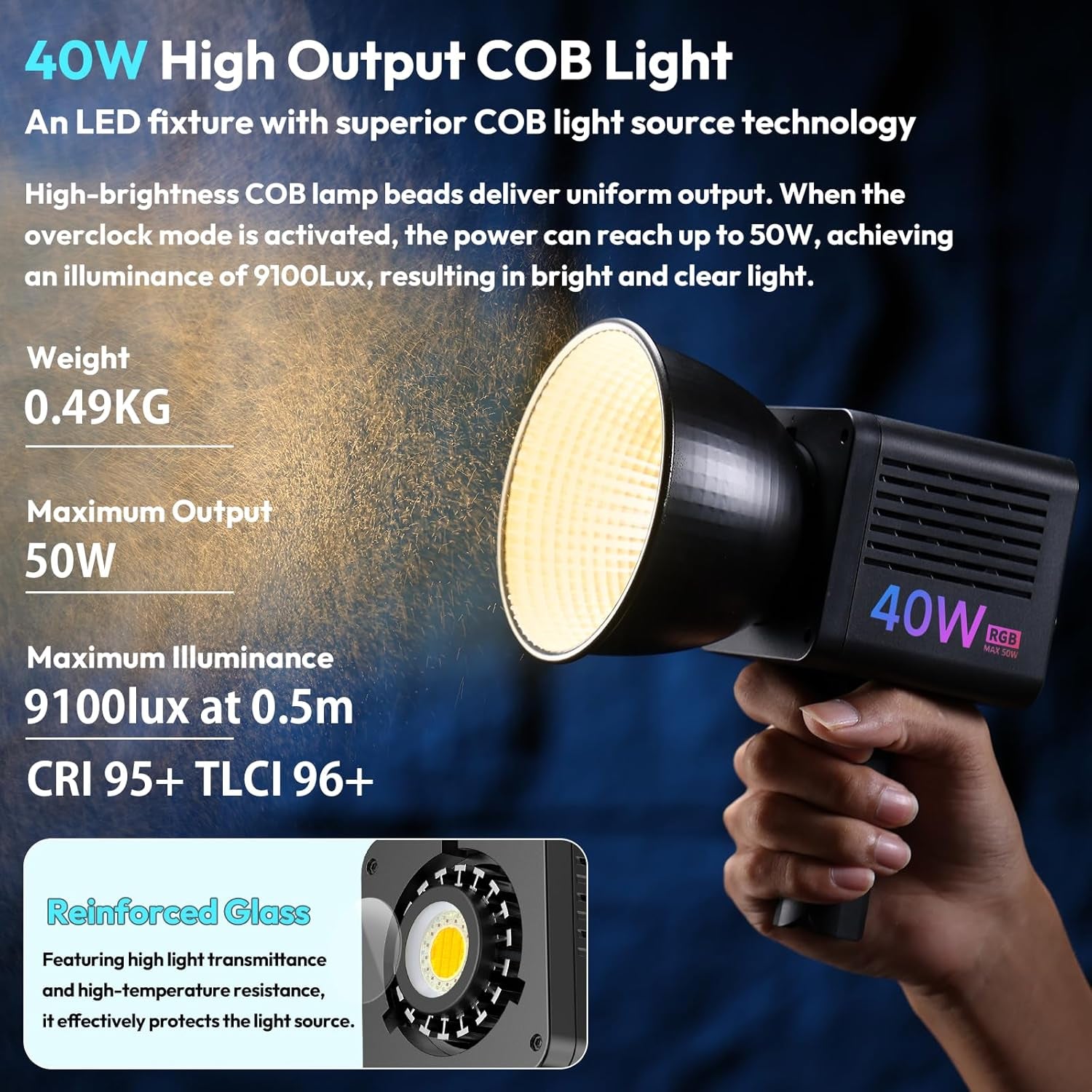 40W Pro RGB Portable LED Video Light W DC Power Adapter, 3400Mah Build-In Battery Metal Mini Adjustable Color Temperature COB Continuous Output Lighting Handheld Spotlight 2500K-6500K for Video