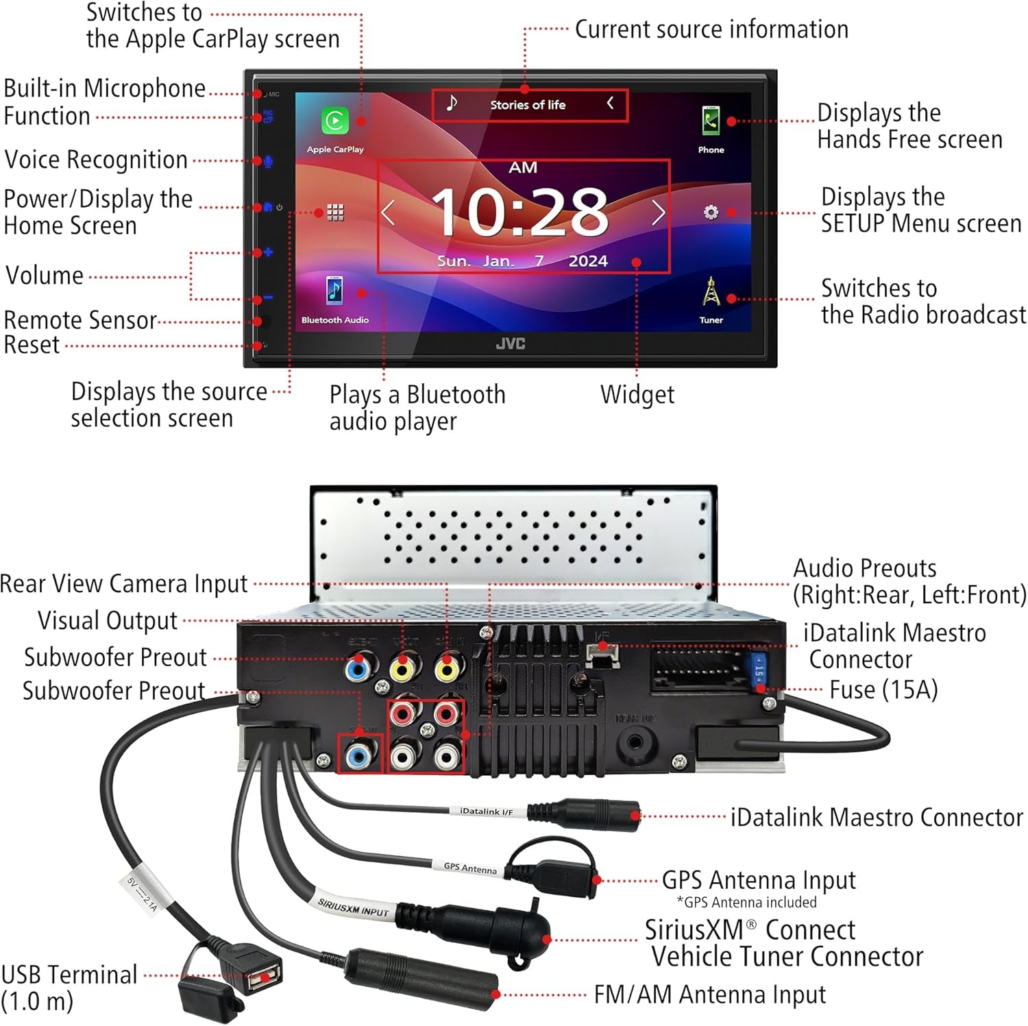 KW-M595BT Digital Car Stereo (50W X 6-Ch), Apple Carplay & Android Auto Compatible, Bluetooth-Enabled Head Unit with 6.8" LCD Display, Single DIN Touchscreen Car Stereo with USB Mirroring