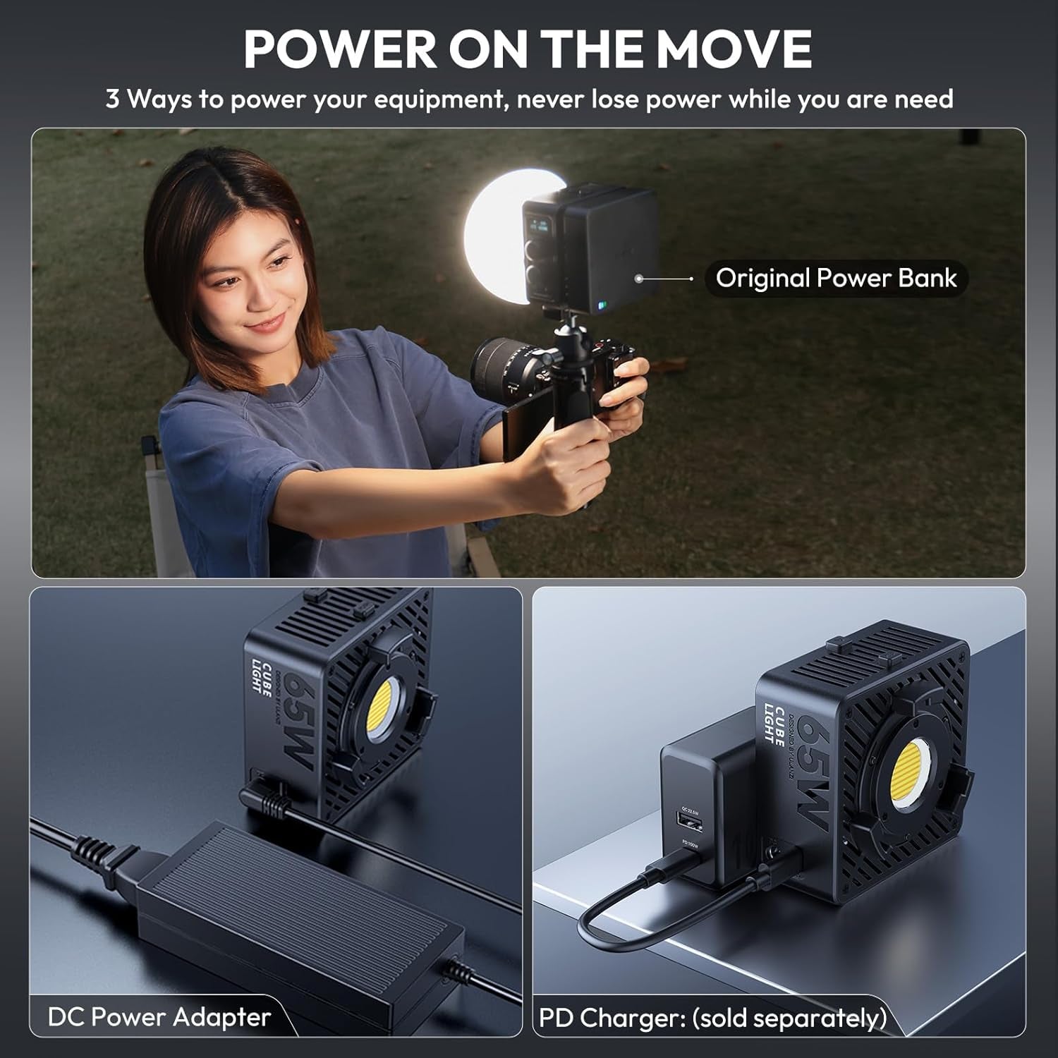 EC65 Video Light - 65W COB LED Video Light Mini Bi Color Portable Continuous Output Lighting with Battery & APP Control, 2700K-6500K CRI≥95 Bowens Mount Handheld Spotlight for Camera, Tripod