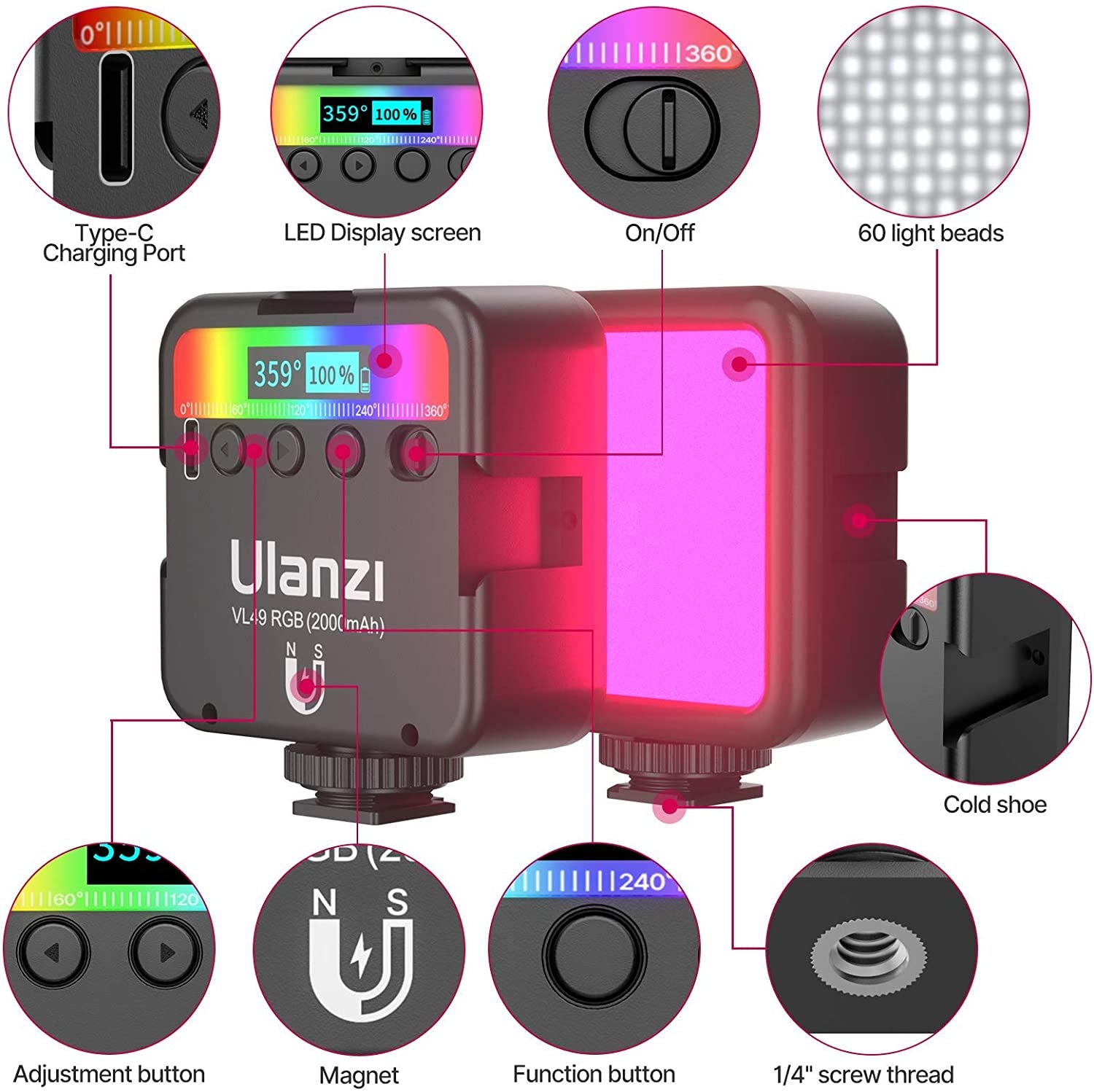 VL49 RGB Video Lights, LED Camera Light 360° Full Color Portable Photography Lighting W 3 Cold Shoe, 2000Mah Rechargeable CRI 95+ 2500-9000K Dimmable Panel Lamp Support Magnetic Attraction