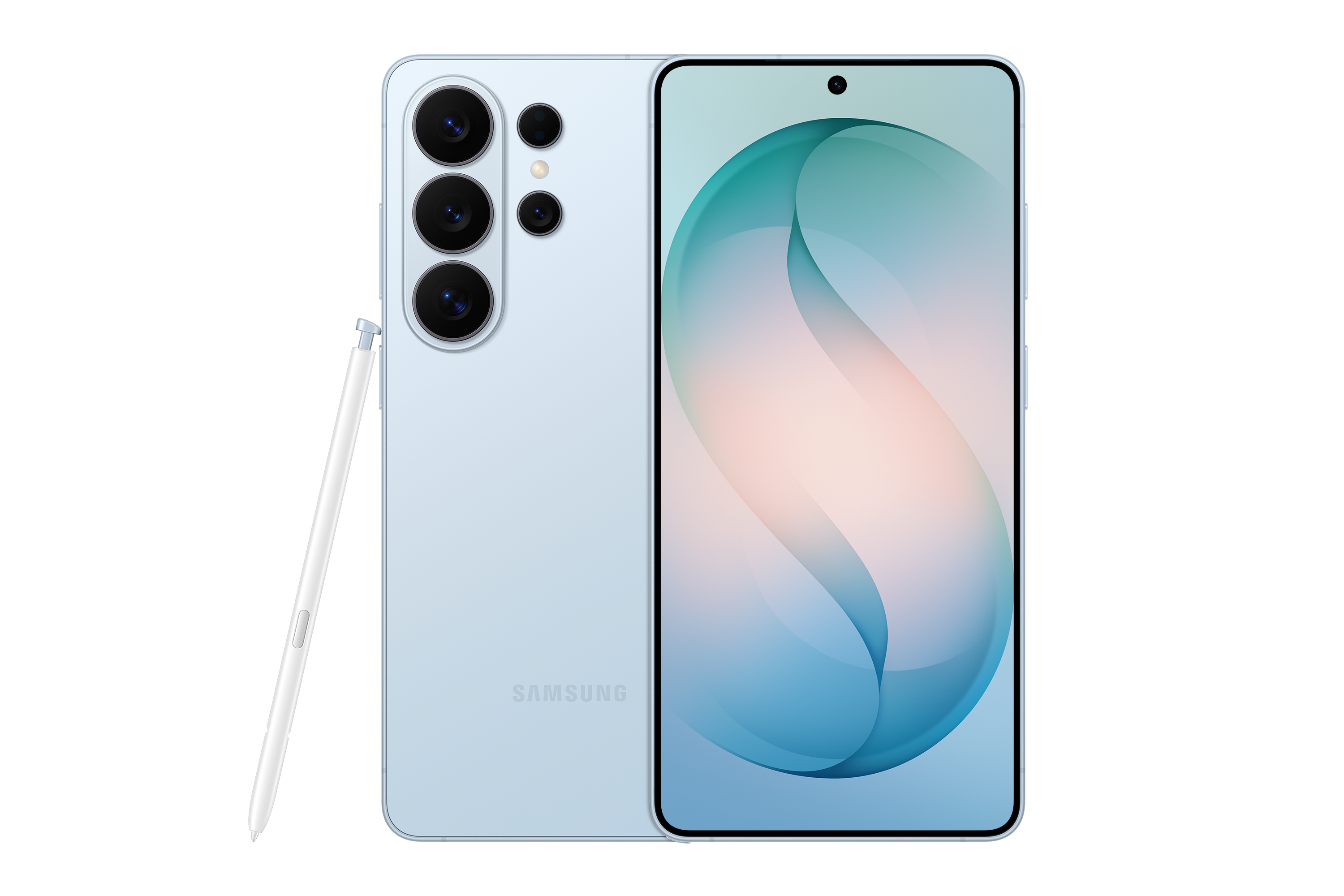 Smartphone Samsung Galaxy S26 Ultra azul cielo, vistas trasera y frontal con S Pen