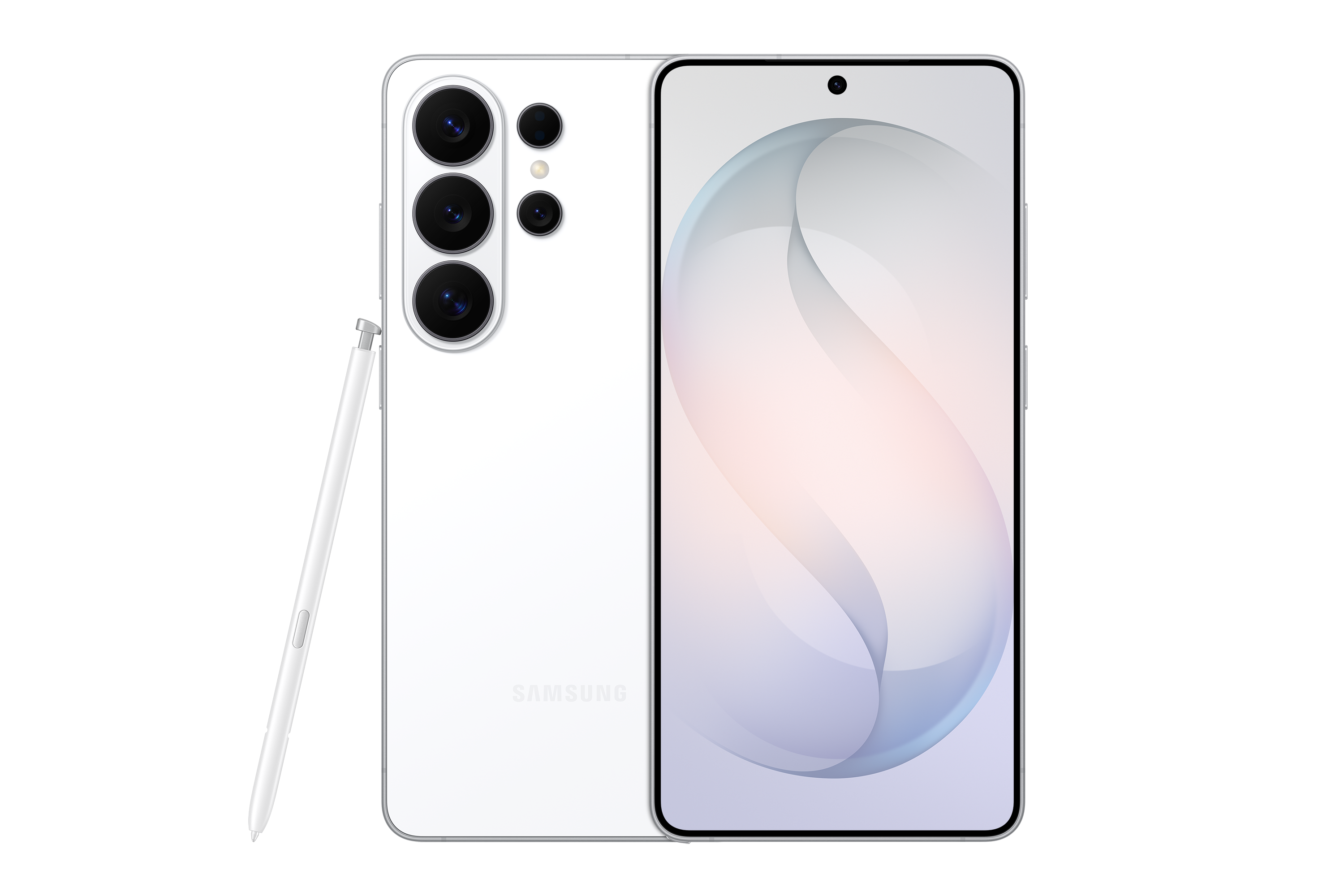 Smartphone Samsung Galaxy S26 Ultra blanco, vistas trasera y frontal con S Pen