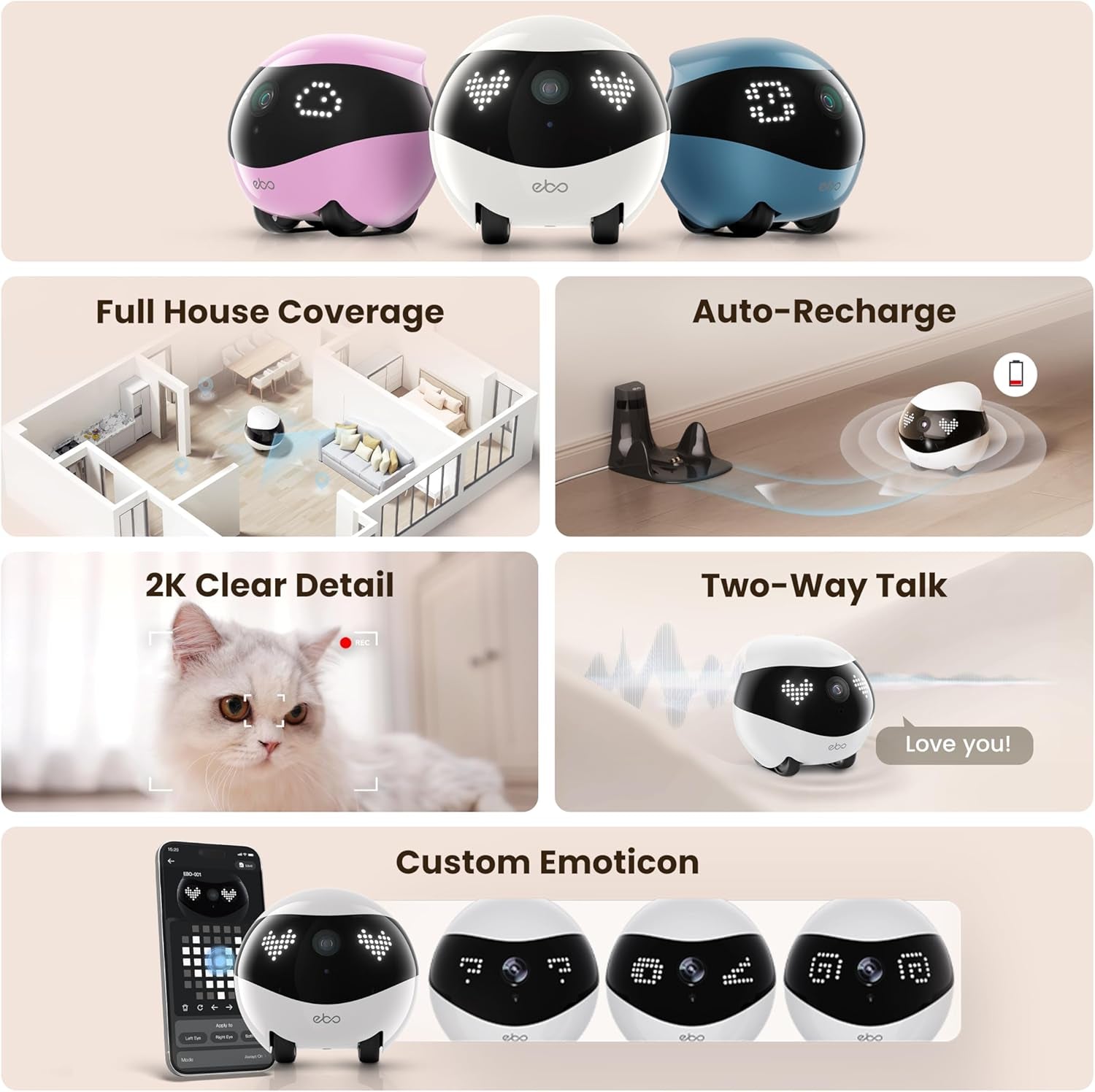 Air 2 Familybot Indoor Security Camera Robot: 2K Pet Camera, Movable Home Robot, Custom Facial Expression, Auto-Recharge, Battery-Operated, 2-Way Talk, Night Vision(Jay Blue)
