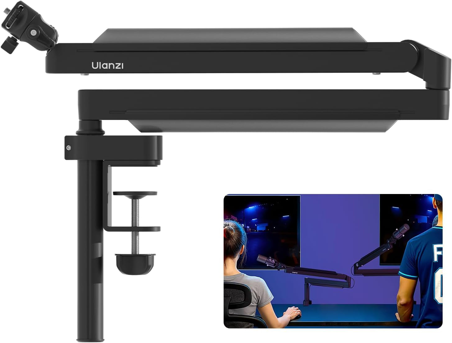 ZJ05 Premium High-Low Profile 2-In-1 Design Microphone Boom Arm with Ballhead Cold Shoe Fully Adjustable, with Cable Management Channels, Desk Clamp for Podcast Streaming Gaming Studio