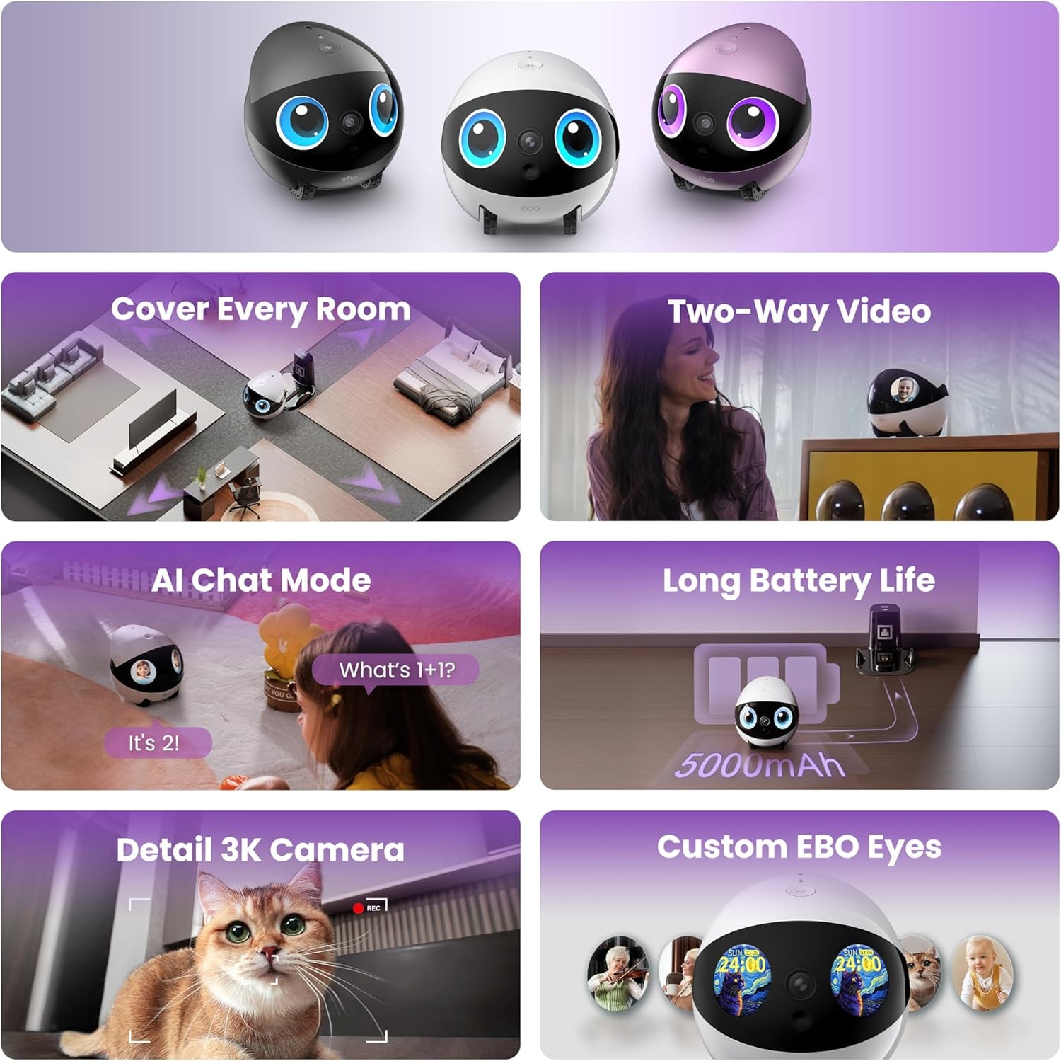 Air 2 plus Familybot 3K Home Camera Robot: Indoor Camera, Movable Robot Companion, 2-Way Video, AI Chat Mode, Auto-Recharge, Long Battery Life, Custom Facial Image, Night Vision