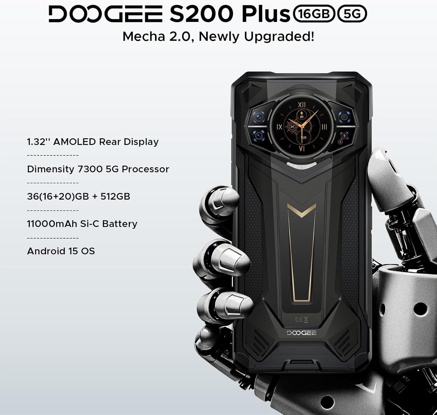 S200 plus 5G Rugged Phone with Gemini Ai,4Nm D7300 CPU,36(16+20) GB+512GB Android 15 Rugged Cell Phone with 1.32" Amoled Screen,10100Mah/33W,100Mp Camera Rugged Smartphone,6.72" Fhd/120Hz,Otg