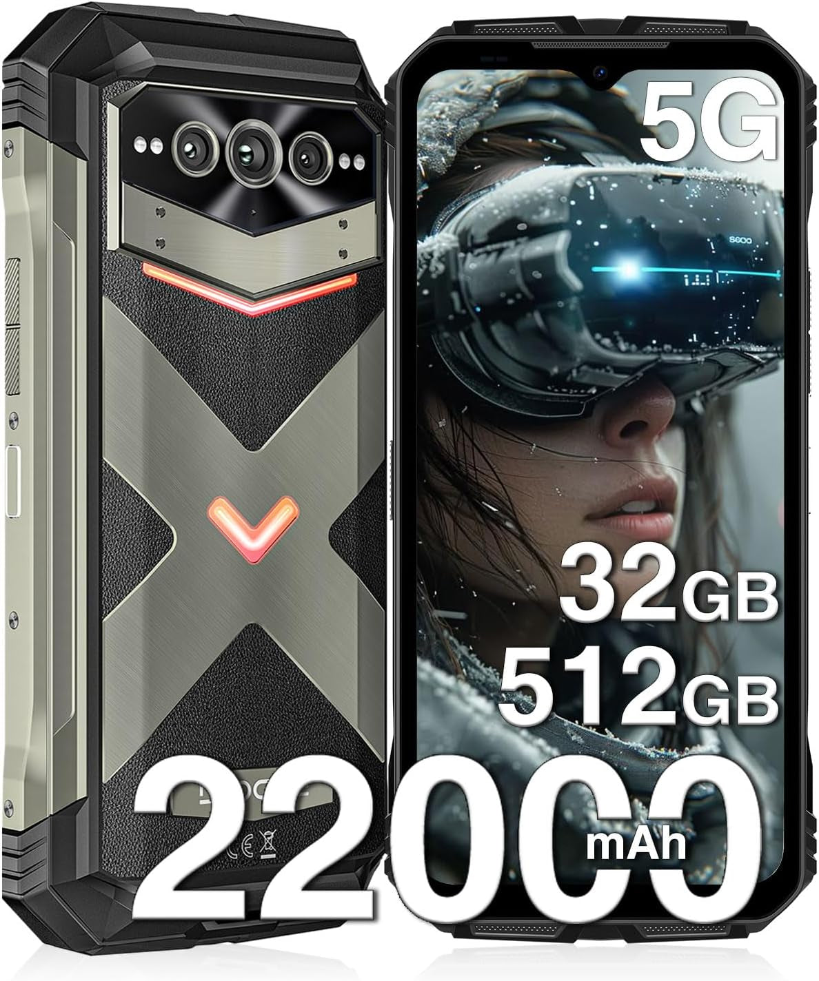 V Max Pro 5G Rugged Smartphone,22000Mah 32GB+512GB/TF 2TB Rugged Phone Unlocked Android 14,108MP+20MP Rugged Cell Phone,6.58" Fhd+120Hz IPS Screen,Ip68/Ip69K Waterproof Phone,Nfc/Face Id/Wifi 6