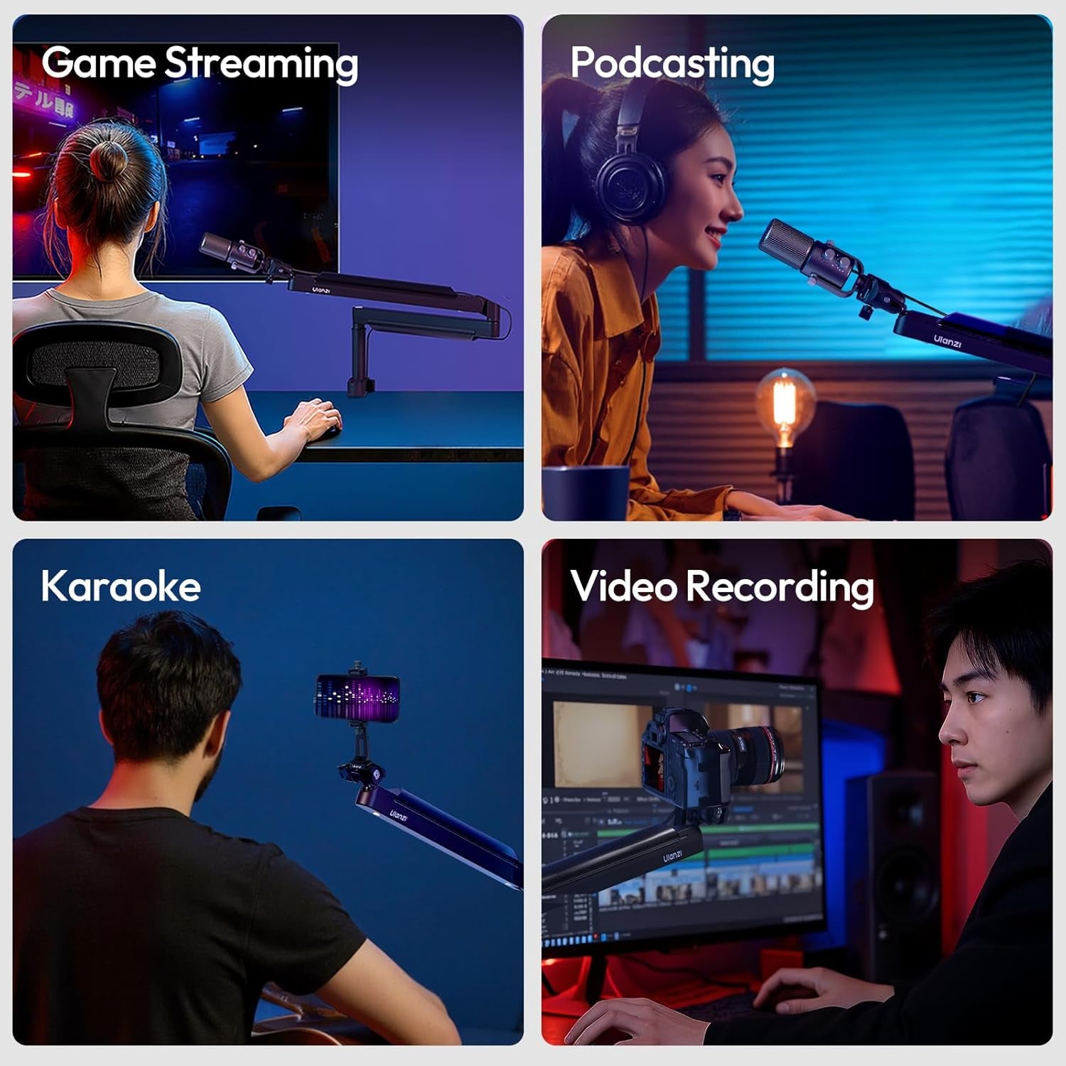 ZJ05 Premium High-Low Profile 2-In-1 Design Microphone Boom Arm with Ballhead Cold Shoe Fully Adjustable, with Cable Management Channels, Desk Clamp for Podcast Streaming Gaming Studio